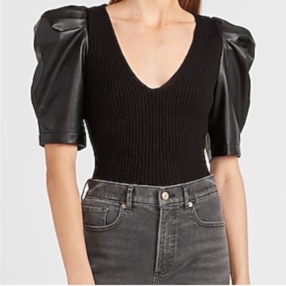 Express Black Faux Leather Puff Sleeve Ribbed Sweater, Women’s Size X-Small.